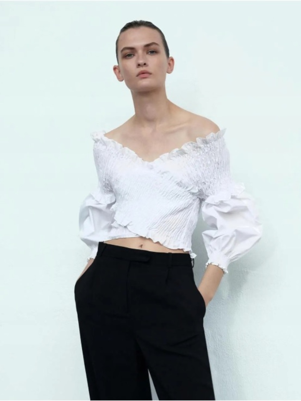 Zara White Off-Shoulder Smocked Top Medium